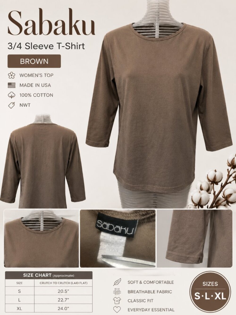 NWT Sabaku 3/4 Sleeve Tee Brown Women's Top Made in USA Cotton